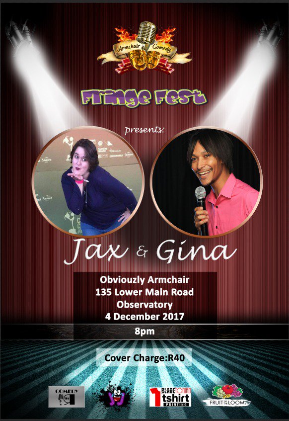 Jax &amp; Gina is part of the <a href="/FOTL_ZA/">Fruit Of The Loom</a> <a href="/armchairsundays/">Armchair Sundays</a> Comedy Fringe Festival! Catch them on the 4th of December at <a href="/armchairobz/">Obviouzly Armchair</a>; 8pm. R40