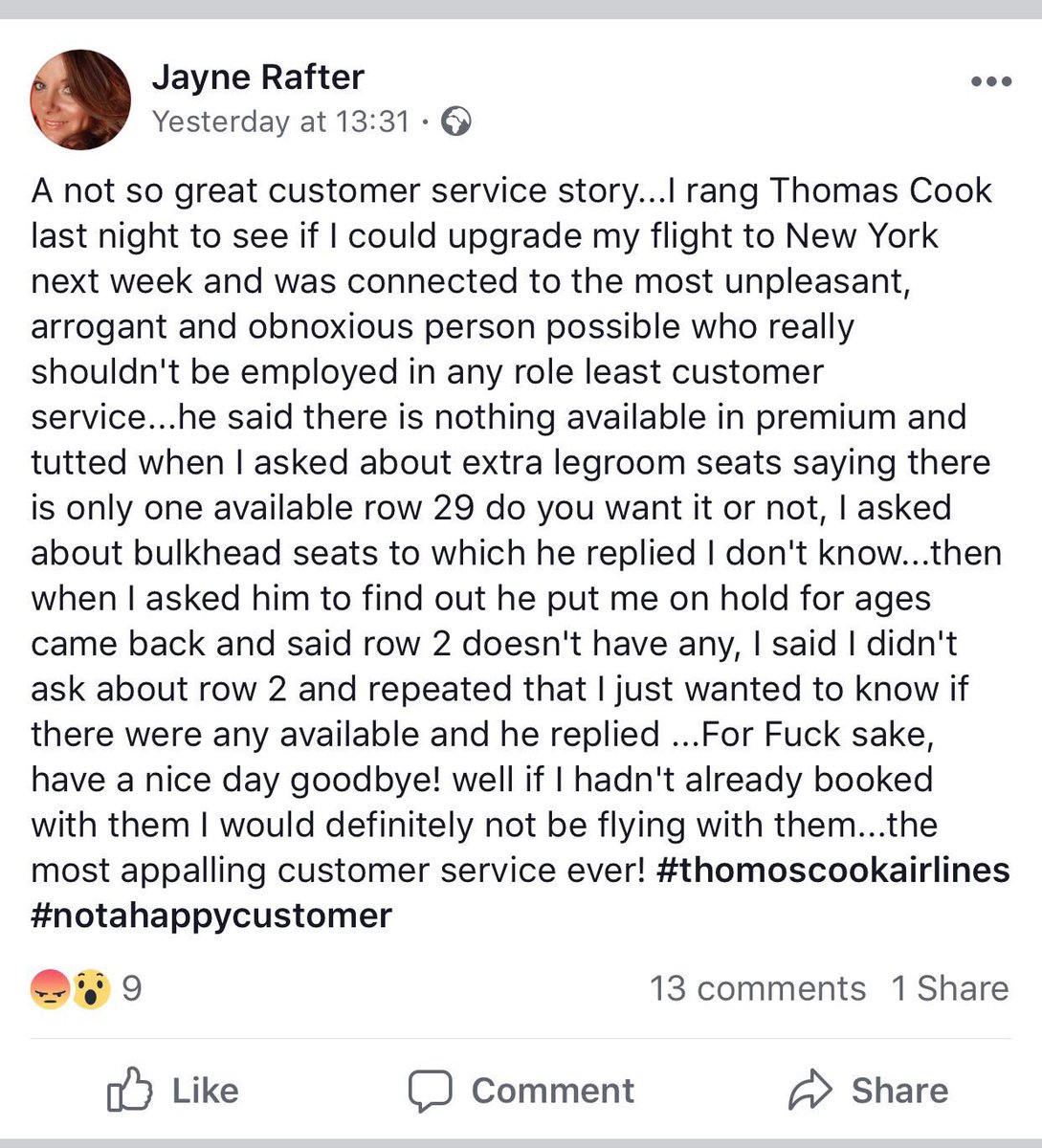 JayneRafter's tweet photo. @ThomasCookCares @TCAirlinesUK appalling customer service when adviser   tells Global Publisher for f**k sake when only asking for an upgrade - #shockingcustomerservice #neverbookingwiththeseagain https://t.co/JZyOGsVSAm