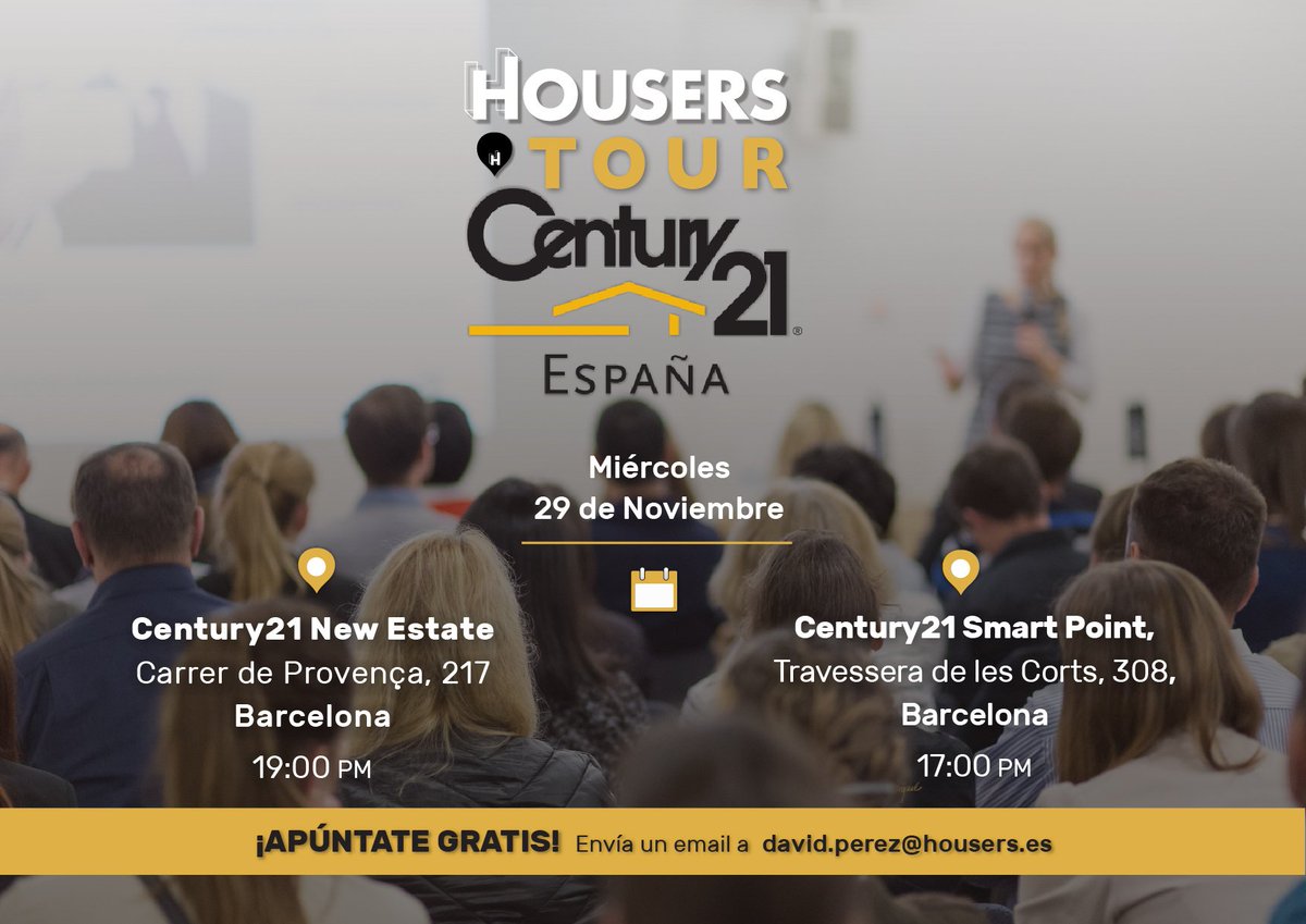 Housers's tweet photo. ¡Esta tarde estamos en dos oficinas de @C21Spain en Barcelona y queremos verte allí! Tu eliges:

•Century 21 Smart Point a las 17:00h o,
•Century 21 New Estate a las 19:00h.

Confirma tu asistencia david.perez@housers.com  ¡Te esperamos! #HousersTour #Century21 https://t.co/A2cypw2rKn