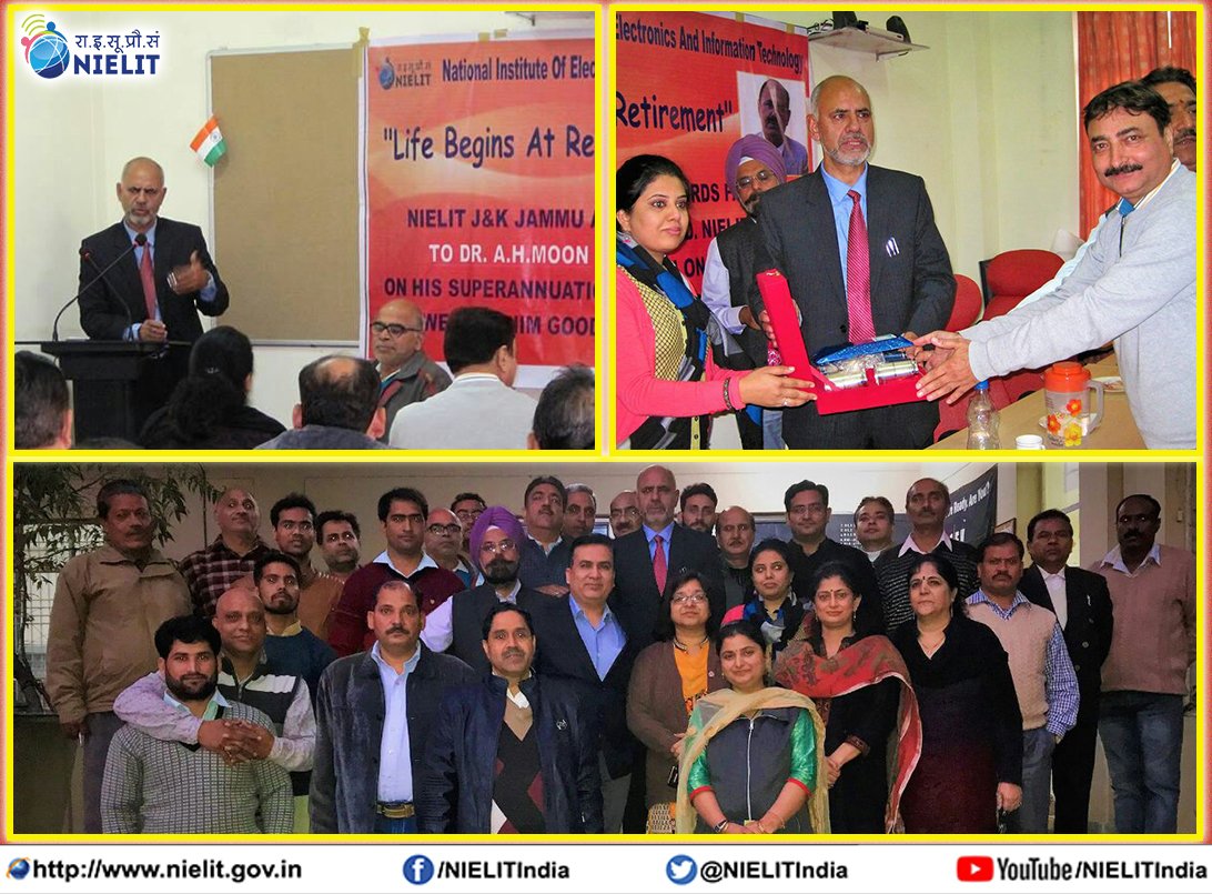 JAM_NIELIT's tweet photo. Best wishes to Dr. A.H. Moon, ED, #NIELIT J&amp;K on his superannuation. He will always be an inspiration for his epitomic contribution in NIELIT's growth during his splendid 30 years of service with the organization. We thank him &amp; wish him the best for his next phase of life. https://t.co/FGWvQxQbdi