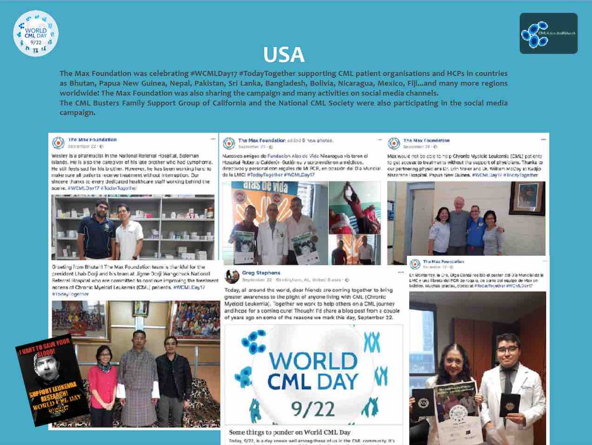 cmlnet's tweet photo. #USA: The Max Foundation @stompoutcancer  developed the #WCMLDay17 #TodayTogether campaign activities in many countries worldwide. Thanks for the enormous #CML awareness effort and congratulations to all advocates! @NCMLS Check the global report here: https://t.co/ubuoQCPJuI https://t.co/n0WejUe8TC