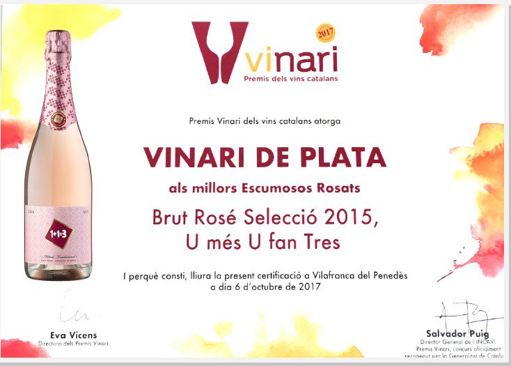 Molt contents de rebre els diplomes VINARI DE PLATA pel Brut Rosé 1+1=3 i VINARI DE BRONZE pel Cygnus Brut Nature Sense sulfurós #1+1=3 <a href="/1mes1fan3/">U MÉS U FAN TRES</a> <a href="/PremisVinari/">Premis Vinari</a> <a href="/incavicat/">INCAVI</a> <a href="/avinicolacat/">AVC</a> <a href="/enolegs/">ACE - CEEC</a> <a href="/DOCatalunya/">DO Catalunya</a> <a href="/dopenedes/">DO Penedès</a>