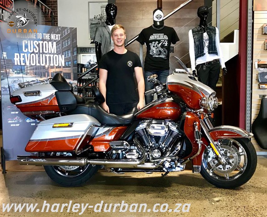 HD_Durban's tweet photo. Brent Woods just collected his dad's head-turning CVO™ Ultra Limited motorcycle! Congratulations on your new bike, John Woods! Ride safe and thank you very much for your support. #harleydavidson #Durban #biker #CVO #Umhlanga #livetoride https://t.co/NpR6FSc3l4