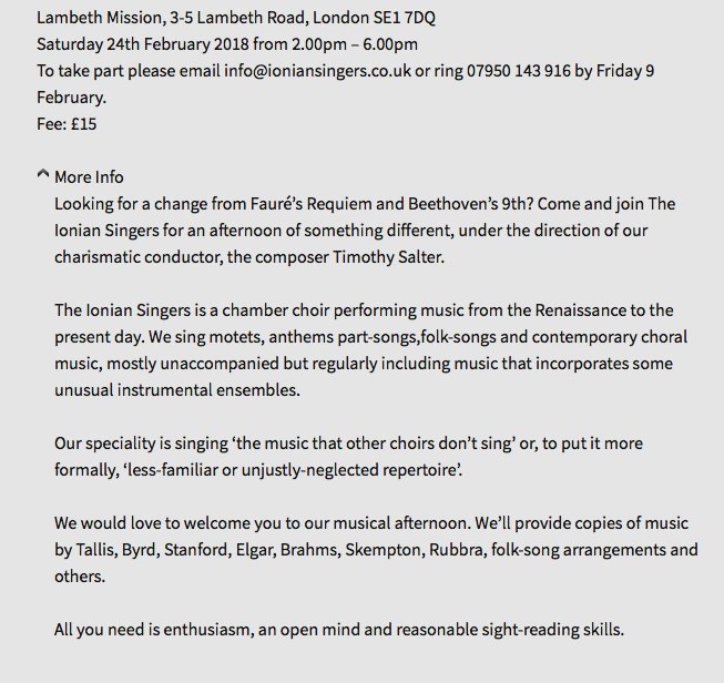 IonianSingers1's tweet photo. Book your places NOW for our Come &amp; Sing Day in February. A wonderful opportunity to sing some unjustly overlooked repertoire. https://t.co/a1drG9Taar