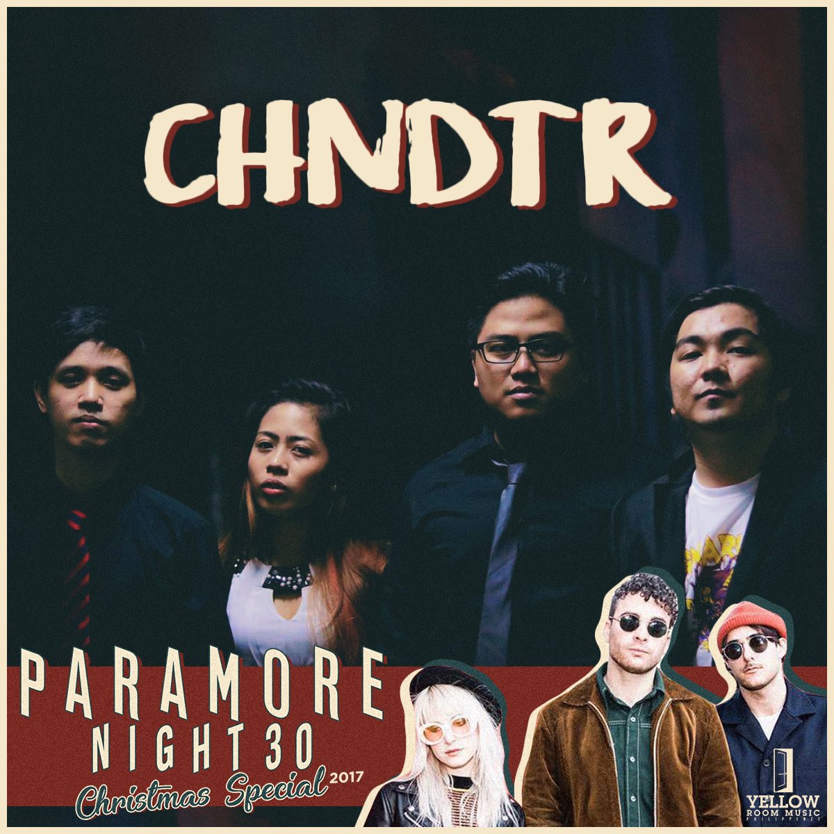 yrmusicph's tweet photo. 1st Guest Artist is @CHNDTR! See you on Dec 23 SAT at @12MonkeysPH Ortigas!
#PN30 #ParamoreNight #YellowRoomPH https://t.co/UJC6JWgb3D