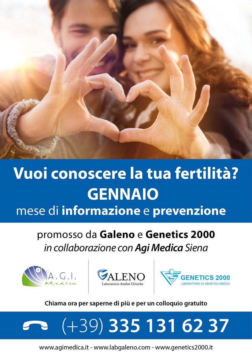 Genetics2000's tweet image. VUOI CONOSCERE LA TUA FERTILITA'?
GENNAIO MESE DI INFORMAZIONE E PREVENZIONE Chiama ora per saperne di più e per un colloquio gratuito.
Cell. 335 131 62 37