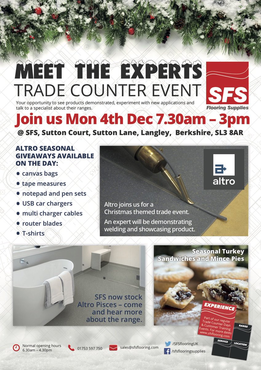 sasgoltd's tweet photo. Don't miss our #welding demo on Monday 4th December at 11am at our #TradeCounterEvent with @AltroFlooring and @NoMorePly..... Don't worry if you can't make it we will also be filming all the action live via FACEBOOK LIVE! https://t.co/ABvp9Fum8y