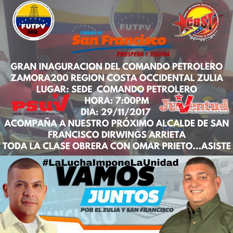 gabelorangel's tweet photo. Vamos todos Hoy #29Nov a la gran inauguración del Comando de campaña Petrolero Zamora200 Costa Occidental Zulia con el candidato para la alcaldía del municipio San Francisco @DirwingsSF Toda la Clase Obrera apoyando y garantizando la victoria con @OmarPrieto_PSUV .@FUTPV https://t.co/n7ccPSI6KE