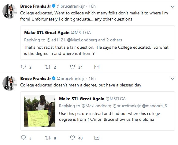 velvethammer's tweet photo. @Mayhem_Now @brucefranksjr Sign should have read 'I am a black man with (some) college education'.
As is, it is misleading AF. As intended?
@MSTLGA 
#28tolife #STLVerdict #trumpprotest https://t.co/XlvuWFUMwE