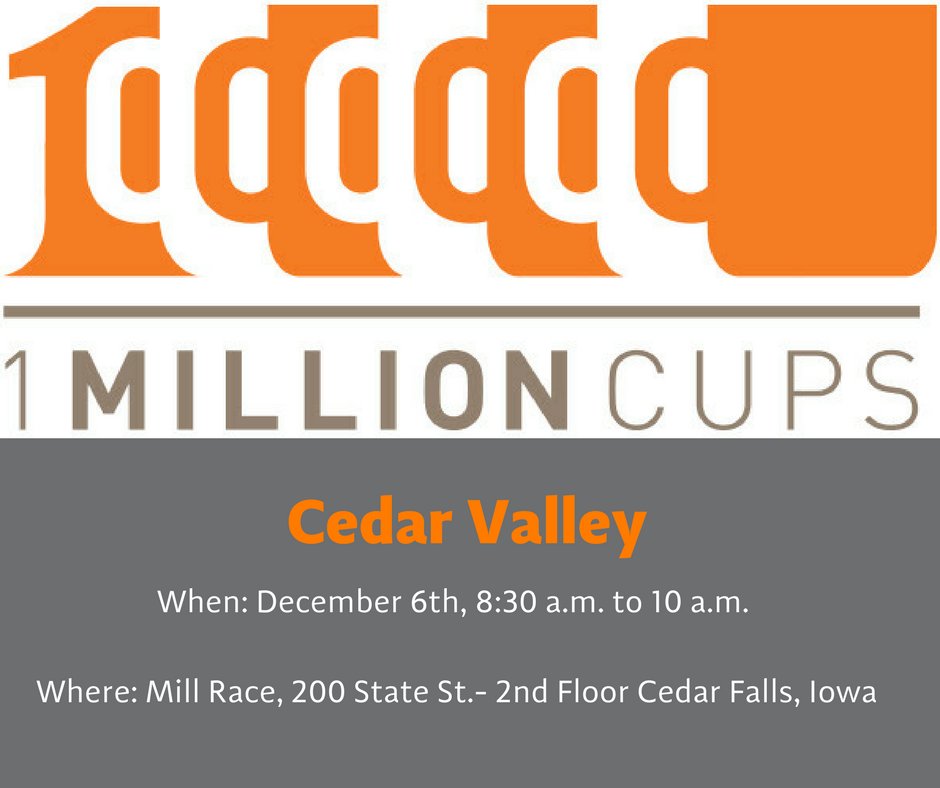 millracecv's tweet photo. Next Wednesday join us for 1 @1MillionCupsCV! A FREE event for local entrepreneurs to meet and present their startups to the thriving peer network of Founders in Cedar Valley. https://t.co/wbsVPLLCmO