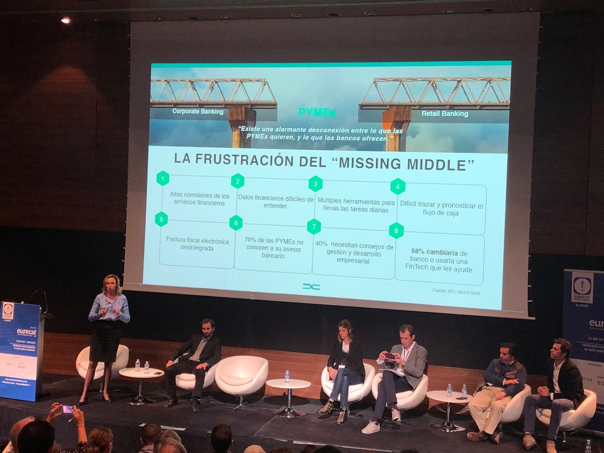 EloiNoya's tweet image. Brecha inmensa entre lo que necesita una #pyme y lo que ofrece un banco. Es la frustración del “missing middle”, via @StrandsRecs #EurecatMobile17