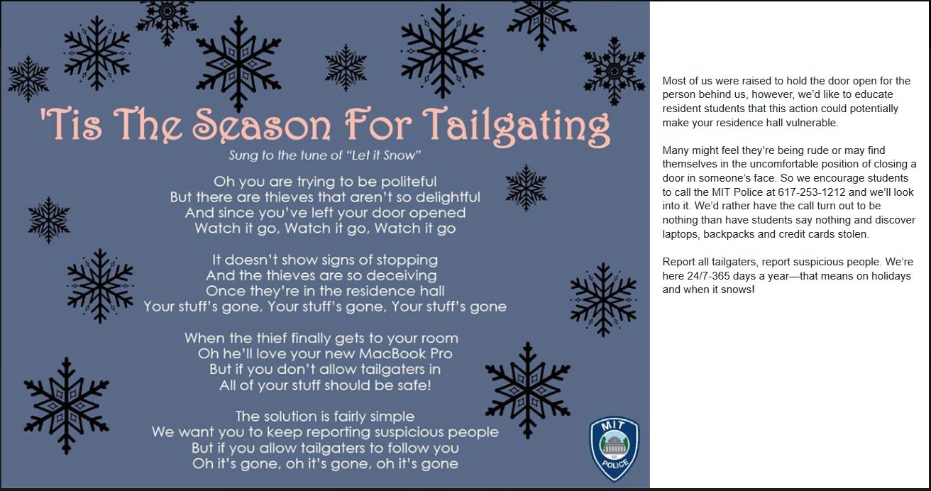Mit Police Report All Tailgaters Report Suspicious People We Re Here 24 7 365 Days A Year That Means On Holidays And When It Snows Mitstudents Mitgradstudents Mit Hr Mitprepared T Co Wvin3xpeil Mit Police Report All Tailgaters Report Suspicious People We Re Here 24 7 365 Days A Year That Means On Holidays And When It Snows Mitstudents Mitgradstudents Mit Hr Mitprepared T Co Wvin3xpeil