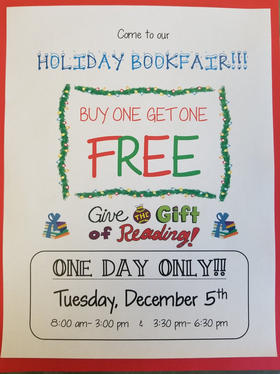 AmberConley88's tweet photo. Our @STCElementary  Holiday BOGO bookfair is December 5th! Come visit and stock up on Christmas gifts! Every book is buy one get one free!! Whoa!! 📚🎁 #stcr13 https://t.co/OjbIxa1fYn