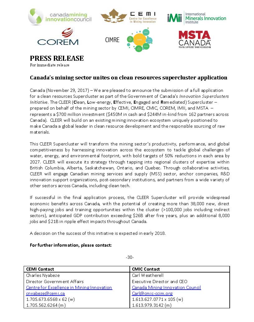 CEMI_mining's tweet photo. Clean resources supercluster application has been submitted in partnership with @CmicCcim, @miningsuppliers, COREM, CIMRE, iMii. https://t.co/xJ1YHTYjj8