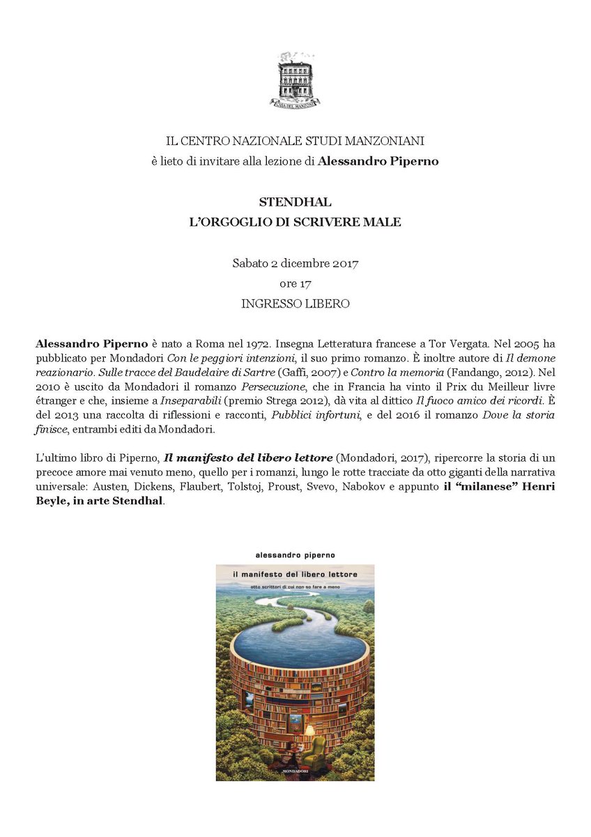 «Stendhal - L’orgoglio di scrivere male», una lezione di ALESSANDRO PIPERNO:  SABATO 2 dic., h17 a <a href="/CasaManzoni/">CasaManzoni</a> . Ingresso libero