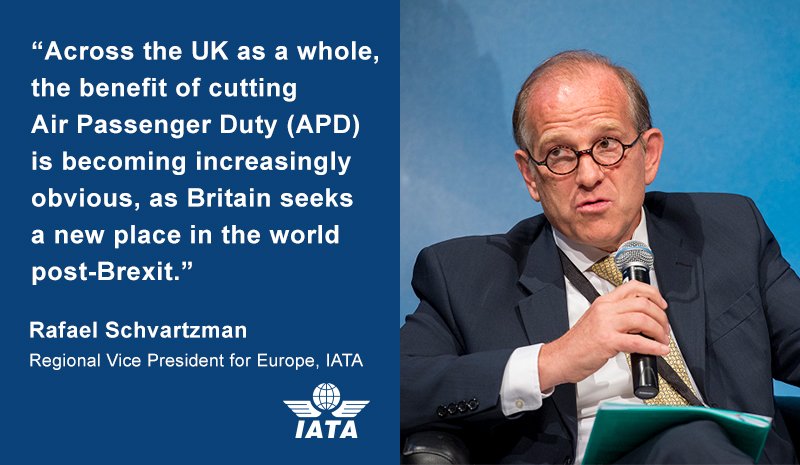 IATA's tweet photo. UK govt’s APD rise will damage economy, as IATA Regional VP explains in Europe region blog #MakeFlyingFair @fairtaxonflying https://t.co/J1kaoXspxA https://t.co/4sgtS60Wj4
