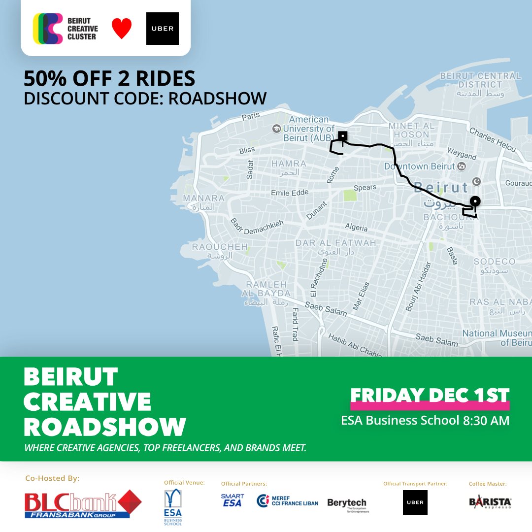 Skip the traffic and save the parking fees by taking an <a href="/Uber_Lebanon/">Uber Lebanon</a> ride THIS Friday to #BeirutCreativeRoadshow!

Get an incredible deal with 50% OFF 2 RIDES when you use promo code ROADSHOW

If you haven't yet, claim your seat to the Roadshow now bit.ly/rdshow17