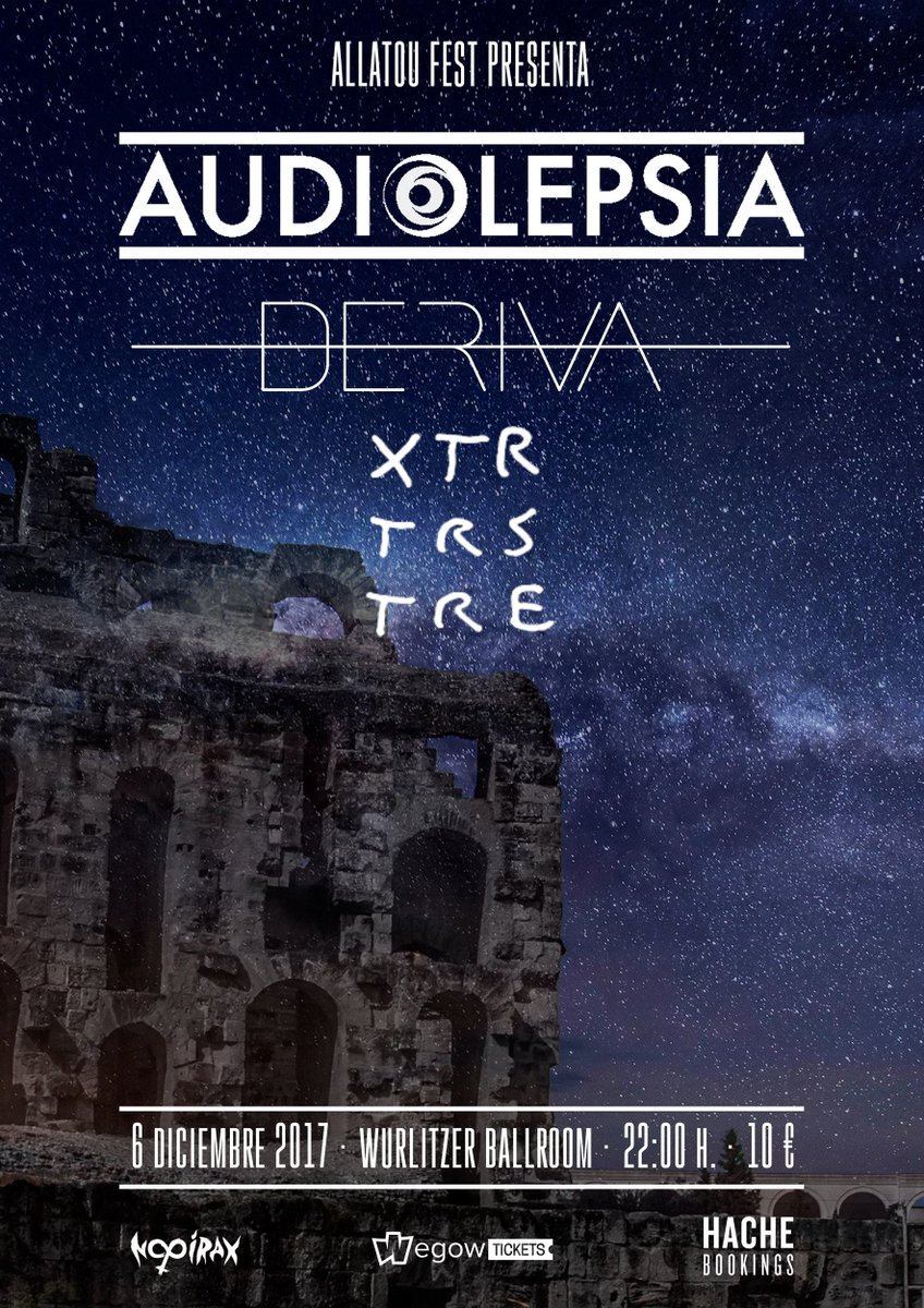 Este Miércoles 6 de Diciembre <a href="/Audiolepsia/">Audiolepsia</a> presenta su último disco junto a <a href="/wearederiva/">DERIVA</a> y el proyecto en solitario Xtraterrestre en Wurlitzer Madrid · Entradas anticipadas a 8€ + CD de DERIVA en <a href="/wegowES/">wegowes</a> wegow.com/conciertos/aud…