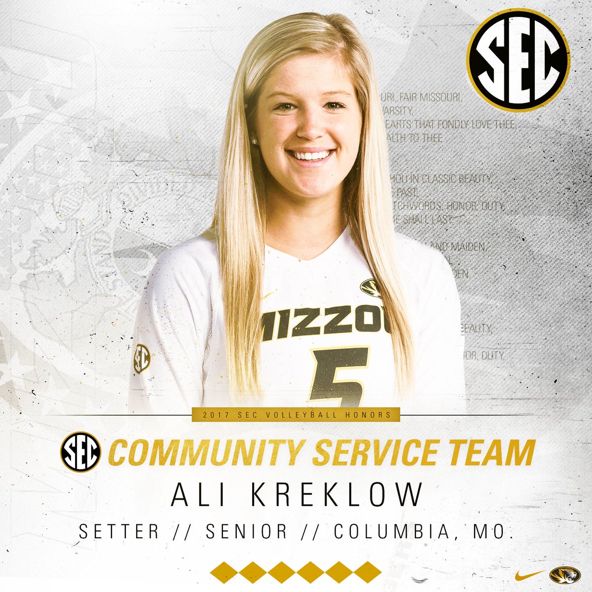 MizzouVB's tweet image. Senior setter @arkrek29 has been named to the 2017 SEC Volleyball Community Service Team. Congrats Ali!

📝bit.ly/2Agsi35

#MIZ #ShowMe 🐯🏐