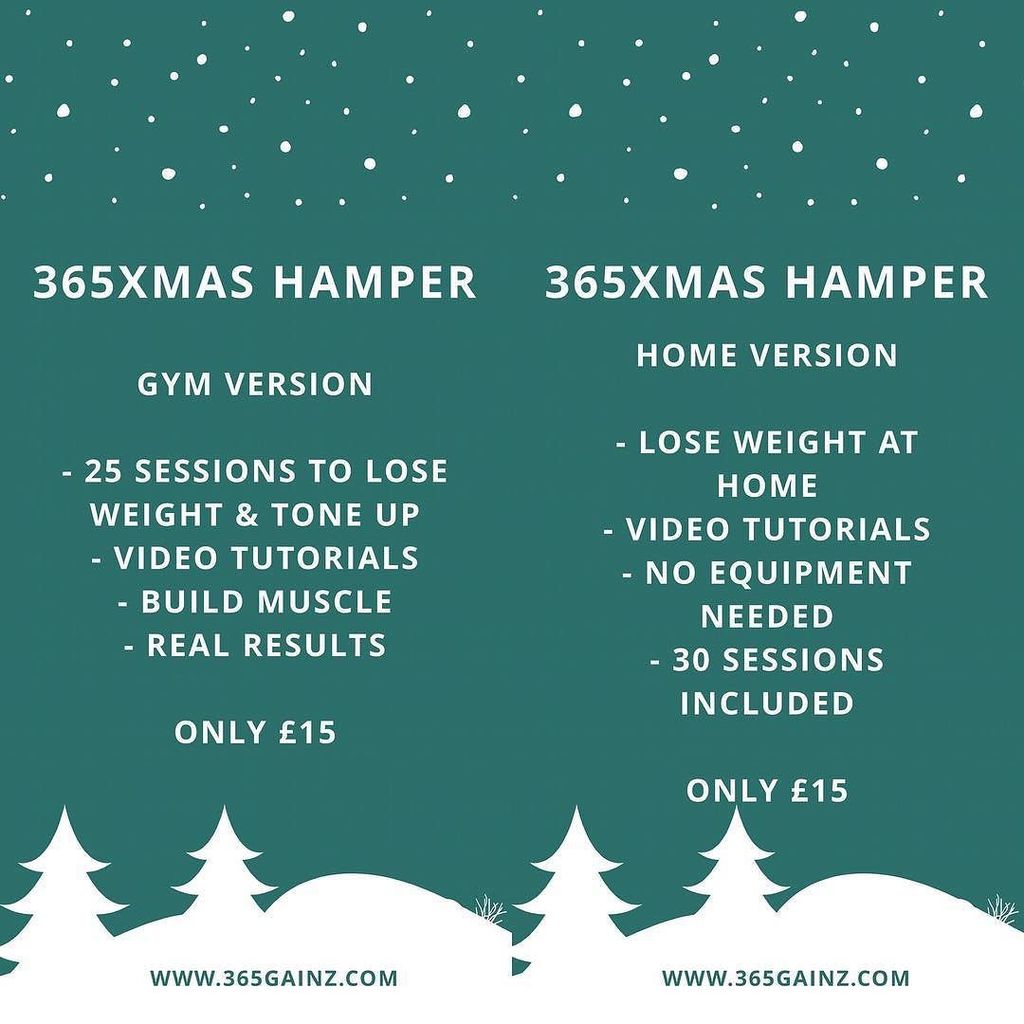 365gainz's tweet photo. Get your hands on one of our Xmas Hampers for only £15 each. If you’re looking to lose a few extra pounds in time for Christmas try these 4 week programs. 🎄
-
Want to know more? Send me a message 🙌🏽
-
#365gainz #fitness #gainz #christmas #food #gym #progress #homeworkout #gy… https://t.co/9ey599jZc3