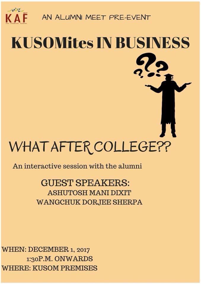 KAF_Kusom2017's tweet photo. Life after college is really full of opportunities. We have some of our Alumni who have prospered through their hard work even after college. Join us on December 1 to hear and meet our Phenomenal speakers and KUSOM Graduates which will help in the steps of your career.
#kaf2017 https://t.co/uAKS3SGVxi