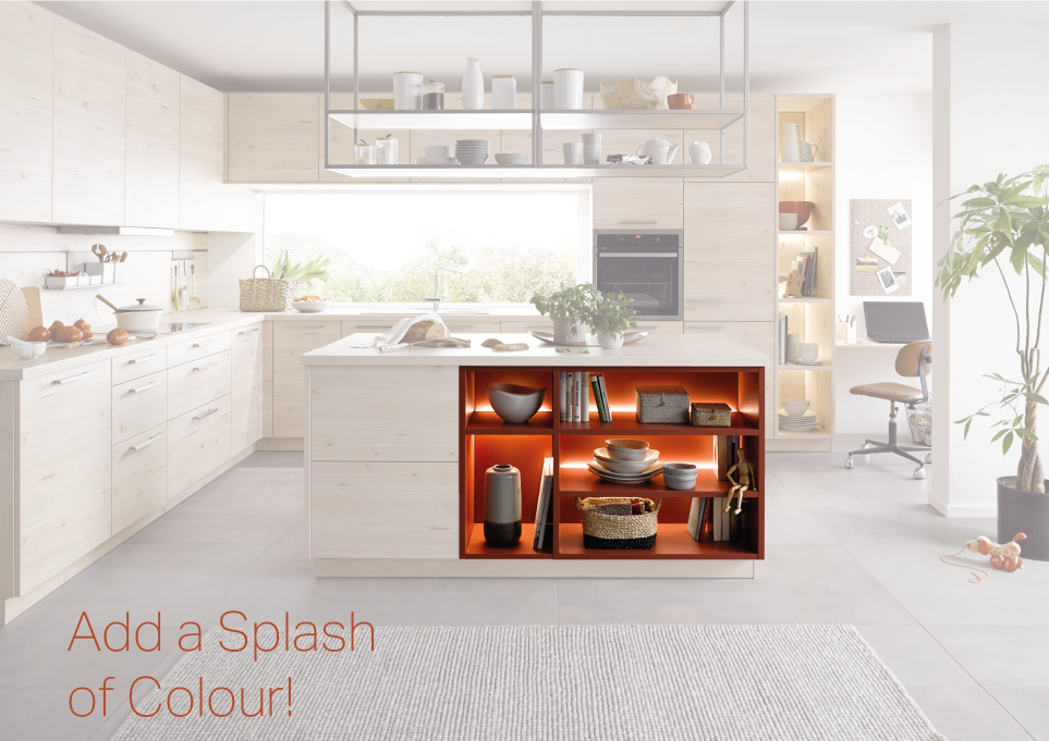 InHouseLtd's tweet photo. The colour-contrasting open shelf unit with #integratedlighting embellishes the #kitchen. Available in 28 environmentally friendly #satinlacquer #colours in the schüller.C collection. #colourconcept #schüller #schullerkitchens #colourfulkitchen #interior #design #homedesign https://t.co/Kz28dKoF2Q