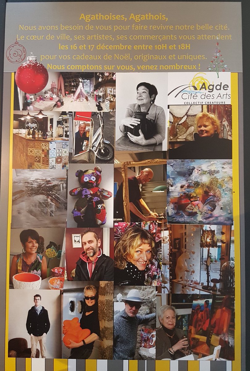 CollectifAgde's tweet photo. Agathoises, Agathois, nous avons besoin de vous pour faire revivre notre belle cité. Le cœur de ville, ses artistes, ses commerçants vous attendent LES 16 ET 17 DÉCEMBRE ENTRE 10H et 18H pour vos cadeaux de Noël, originaux et uniques. NOUS COMPTONS SUR VOUS, venez nombreux.
#Agde https://t.co/bJLi1ce50n