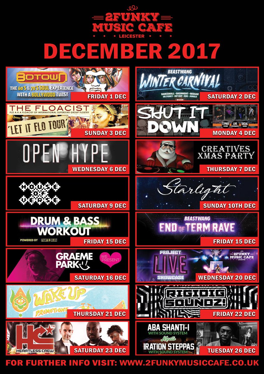 2funkymusiccafe's tweet photo. Coming Up This Festive Season At 2Funky Music Cafe!#botown #beastwang #floacist #shutitdown #openhype #creativeschristmasparty #houseofverse #starlight #drimandbassworkout #wepresent #projectliveshowcase #wakeuppromotions #rigidigsoundz #txp #heartlesscrew #sosolidcrew #abashanti https://t.co/IdUMQBWvrN