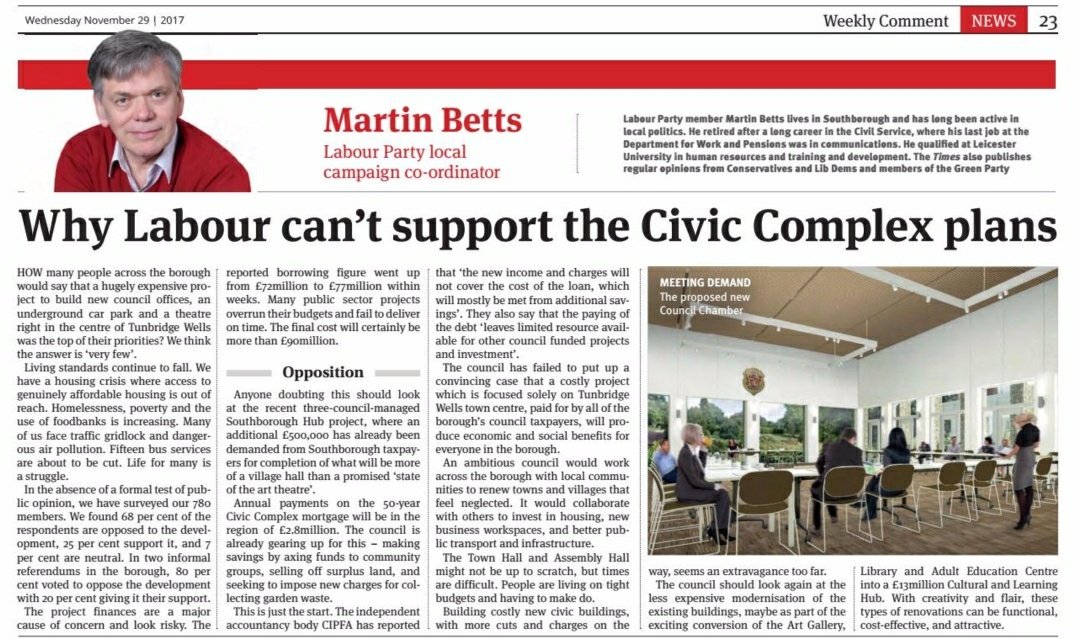 TWellsAlliance's tweet photo. "Why Labour can't support the Civic Complex plans"

Martin Betts of @twlabour in today's @timeslocalnews https://t.co/CRQ3vcYBut