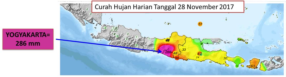 #jogja <a href="/InfoHumasBMKG/">Humas_BMKG</a> 28 November 2017,  curah hujan di wilayah D.I. Yogayakarta 286 mm/ hari yang menjadi salah satu faktor terjadinya banjir  di beberapa lokasi di D.I. Yogyakarta