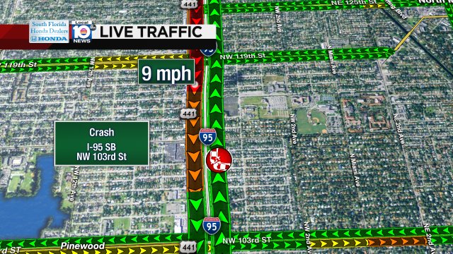 Crash on I-95 SB at NW 103rd St #traffic https://t.co/NTyVAcasXi