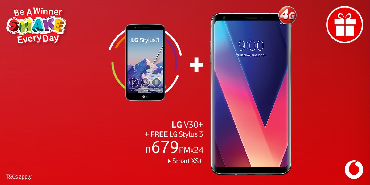 Vodacom's tweet photo. The deal of the day goes like this fam: An LG V30 + that comes with an LG Stylus 3 + FREE Game Collection valued at R1399 + FREE Flexi 110. It’s still #ShakeEveryDay so you can RT this tweet to unlock a cool prize. https://t.co/ze7Mz5zmDB T&amp;Cs apply https://t.co/TNUBSvSvHx