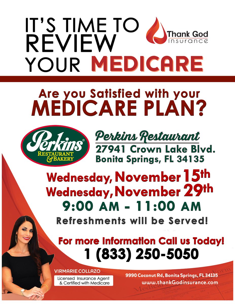 ThankGodIns's tweet photo. Today we are going to be at @PerkingsRestaurant from 9am to 11am answering all the questions you have about your insurance coverage. Don't forget to come by! #Insuranceagent #BonitaSpringinsurance #Thankgodinsurance #VirmarieCollazo #Floridainsurance #Dlatinos #Latinos #free https://t.co/R3NTyCRfMY