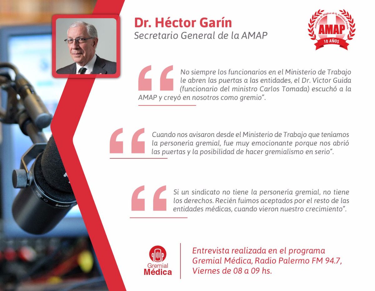 SindicatoAMAP's tweet photo. Te compartimos los destacados de #GremialMedica del sábado 18/11
#RadioAMAP
El Dr. Héctor Garín habló de cómo fueron los primeros pasos de la AMAP en el Ministerio de Trabajo hace diez años, y como es hoy la relación con esta cartera.

¡Escuchalo acá! https://t.co/FIlgs9PSFc https://t.co/NbKnv1PF1g