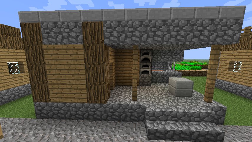 MinecraftCRT's tweet image. Those two slabs next to the stairs are meant to be an anvil. These blacksmith houses were made before anvils were added. Wouldn&apos;t it make sense if Mojang replaced the slabs with a real anvil, since we now have them in #Minecraft? It would look a lot better!

Retweet if you agree!