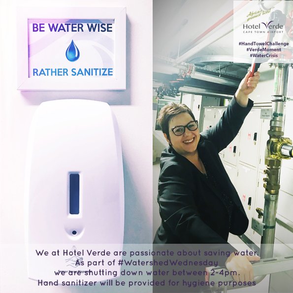 We at Hotel Verde are passionate about saving water. 
As part #WatershedWednesday our staff has all pledged 
to save water at work &amp; at home.We are also shutting down water between 2-4pm. Hand sanitizer will be provided for hygiene purposes. #VerdeMoment #watercrisis #thinkwater