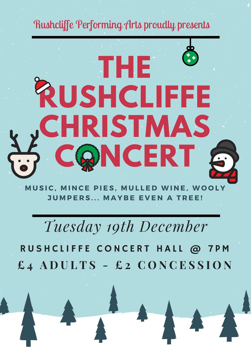 RushcliffeMusic's tweet photo. Tuesday 19th December, its the RUSHCLIFFE CHRISTMAS CONCERT!!! Buy your tickets now from the music department 🎄🎅🌟❄️🎁⛄️🎶🎷 #choir #jazzband #orchestra #samba #swingband #woodwind #brassgroup #stringgroup #christmasjumper https://t.co/4QTN0nrYKh