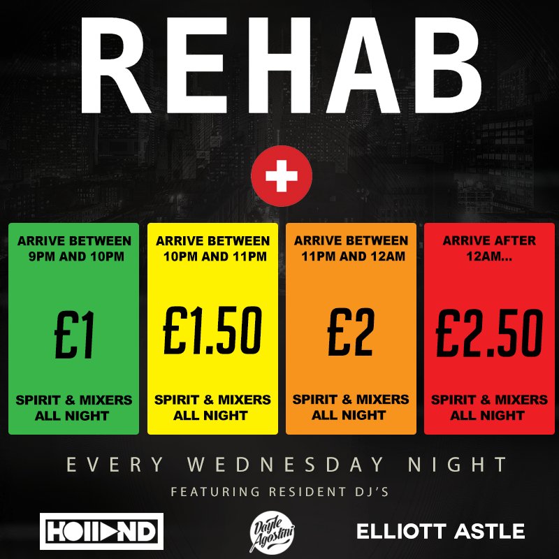 fivebarhud's tweet photo. Rehab returns tonight, don't forget that the earlier you arrive, the cheaper the drinks!! 💯 https://t.co/9O3yXF2wbC