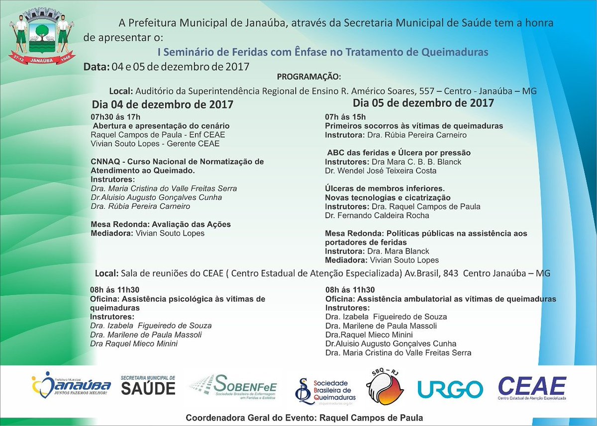 SOBENFeEMG's tweet photo. Nos dias 04 e 05 de dezembro, acontecerá o I Seminário de Feridas com Ênfase no Tratamento de Queimaduras.

O evento coordenado pela Enfermeira Raquel será promovido pela Prefeitura e a Secretaria Municipal de Janaúba/MG e conta com o apoio da SOBENFeE, SBQ, URGO e CEAE. https://t.co/rcHxwij7Rl