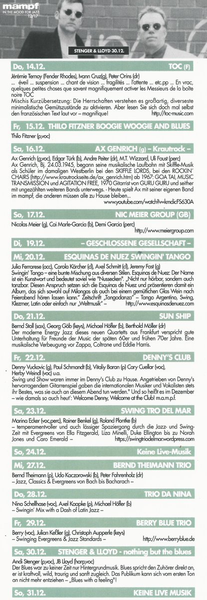ebertuhren's tweet image. Wir sind offizieller Partener von @mampf in the mood for jazz.
Werfen Sie einen Blick auf das Dezember Programm 2017.
In diesem Monat besonders mit dem Berry Blue Trio, Trio Da Nina, Walter Haimann Jazz und vielen mehr.