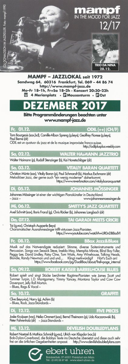 ebertuhren's tweet image. Wir sind offizieller Partener von @mampf in the mood for jazz.
Werfen Sie einen Blick auf das Dezember Programm 2017.
In diesem Monat besonders mit dem Berry Blue Trio, Trio Da Nina, Walter Haimann Jazz und vielen mehr.