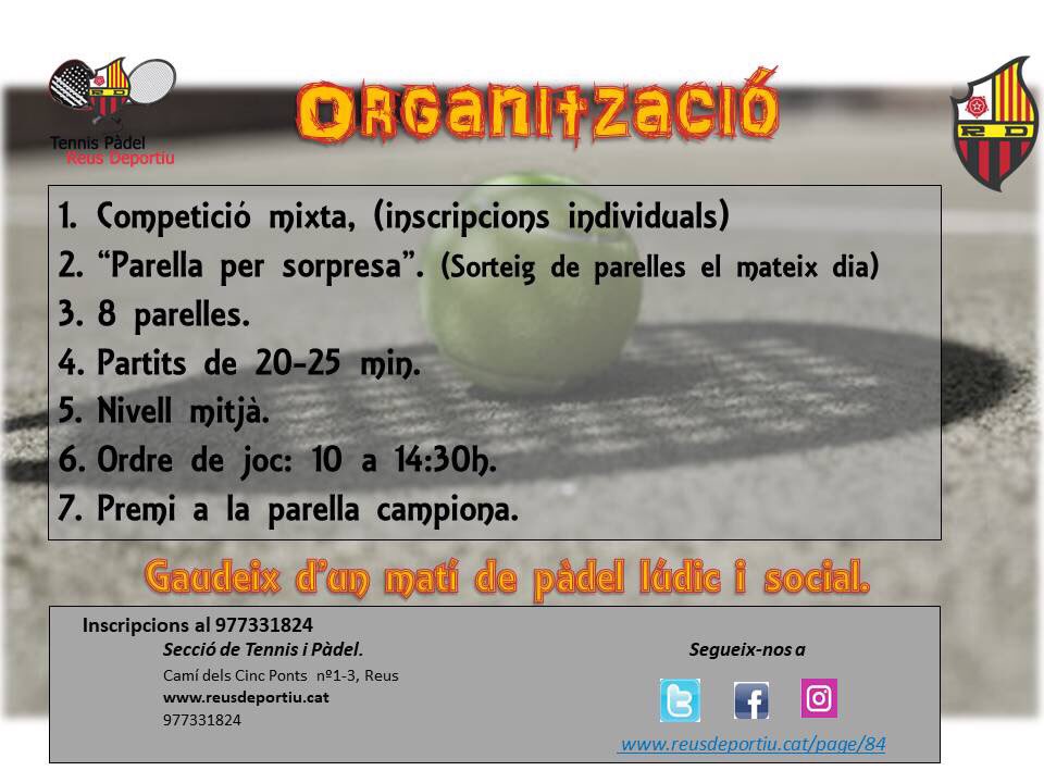 TPReusDeportiu's tweet photo. No tens parella? Nosaltres te la busquem. #padel #fistdate #mixte #americana #reusdeportiu #rd https://t.co/bnOejVFCEk