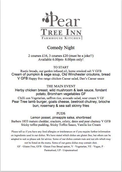 PearTreeWhitley's tweet photo. #PTWhitleycomedy Thursday 30th Nov starts at 8pm and it's a sell out! check out our special menu. #Pubcomedy https://t.co/Dix8yrRIaP https://t.co/mgqjf5zo0W