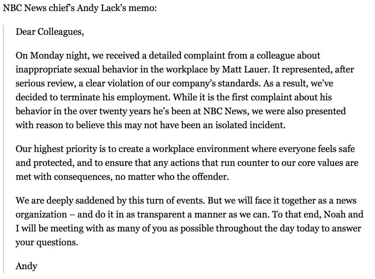 JadaMontemarano's tweet photo. Full statement by NBC News Chairman Andy Lack about Matt Lauer #TodayShow #MattLauer https://t.co/hpoD7fiA1q