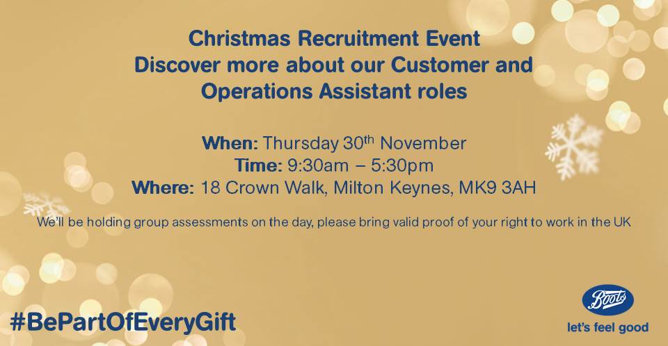 Sherrie_Yellop's tweet photo. Are you looking for a #ChristmasJob? Come and see the team in #MiltonKeynes tomorrow and talk to @Boots_Jobs . We are really excited to show you how you can #BePartofEveryGift https://t.co/TjyGGlZlJJ