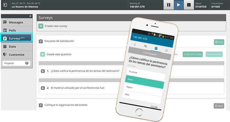 Tech4MICE's tweet photo. Una función que permite al organizador publicar múltiples preguntas simultáneamente, y mantenerlas disponibles antes, durante y después del evento. 
#EncuestasPermanentes La nueva función de @MeetooApp #SolucionesMóviles #Interacción #Herramientas #Participación https://t.co/ANPLQc56qb