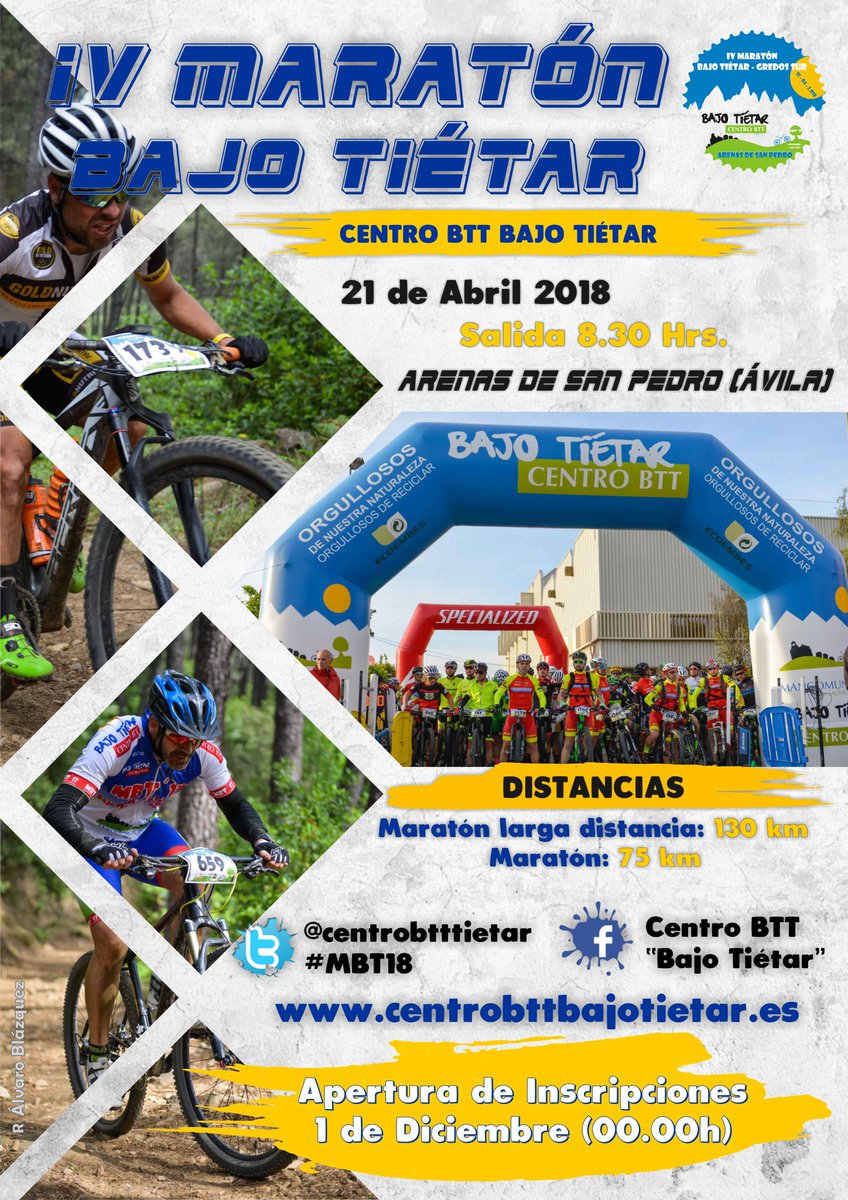 deportesavila's tweet photo. 🚴 La Maratón Bajo Tiétar MTB del 21 de abril de 2018 abre inscripciones pasado mañana 1 de diciembre y los 2.000 dorsales se pueden agotar en... 12 horas 🕛 ¡Apresúrate! 
https://t.co/QWQQYqjlfc
@Centrobtttietar @AytoArenas #Ávila #AvilaTuitera https://t.co/Kk9szVu7pj