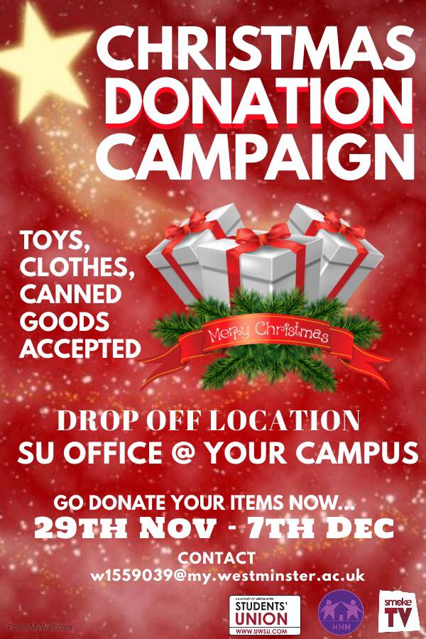 Our friends from <a href="/WminSmokeTV/">Smoke TV</a> are having a Christmas Donation Campaign for the Helping Homeless Humans charity. 
We are encouraging our fellow students to get together in helping out the ones in need by donating clothes, toys, and canned goods.🎁🌲🎉🙌