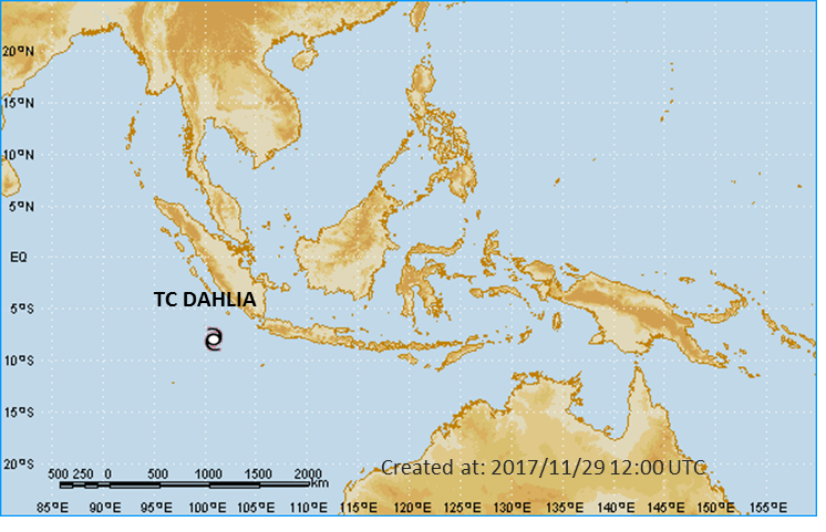 infoBMKG's tweet photo. Setelah siklon tropis CEMPAKA melemah, malam ini (29-11-2017) pukul 19.00 WIB muncul #SIKLON TROPIS "DAHLIA" berada di posisi 8.2 LS-100.8 BT (sekitar 470 km sebelah Selatan Bengkulu) dengan pergerakkan ke arah Tenggara menjauhi wilayah Indonesia. Detil: https://t.co/SD1onRYqOb https://t.co/4NyGYvbmCB