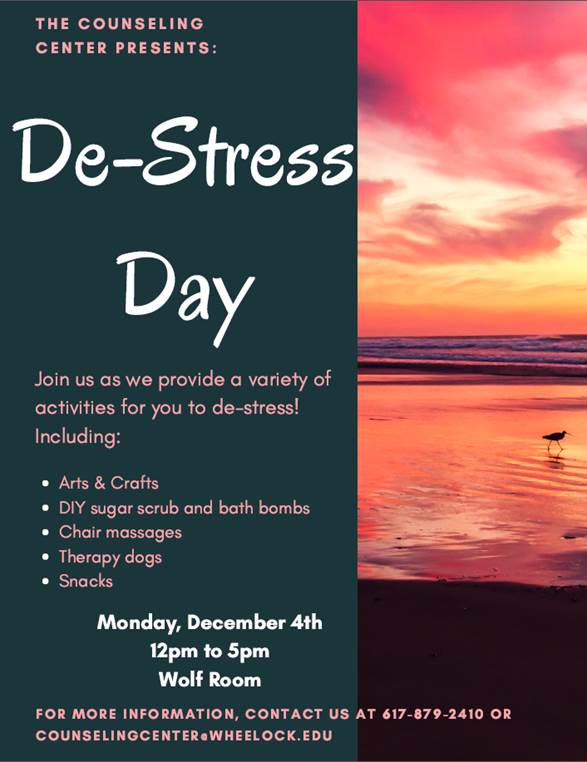 grahamksc's tweet photo. De-Stress Day is happening @WheelockCollege on Monday, December 5th.  Stop by the Wolf Room between 12 - 5 pm.  Sponsored by the Counseling Center. https://t.co/oHSpd9LXdq